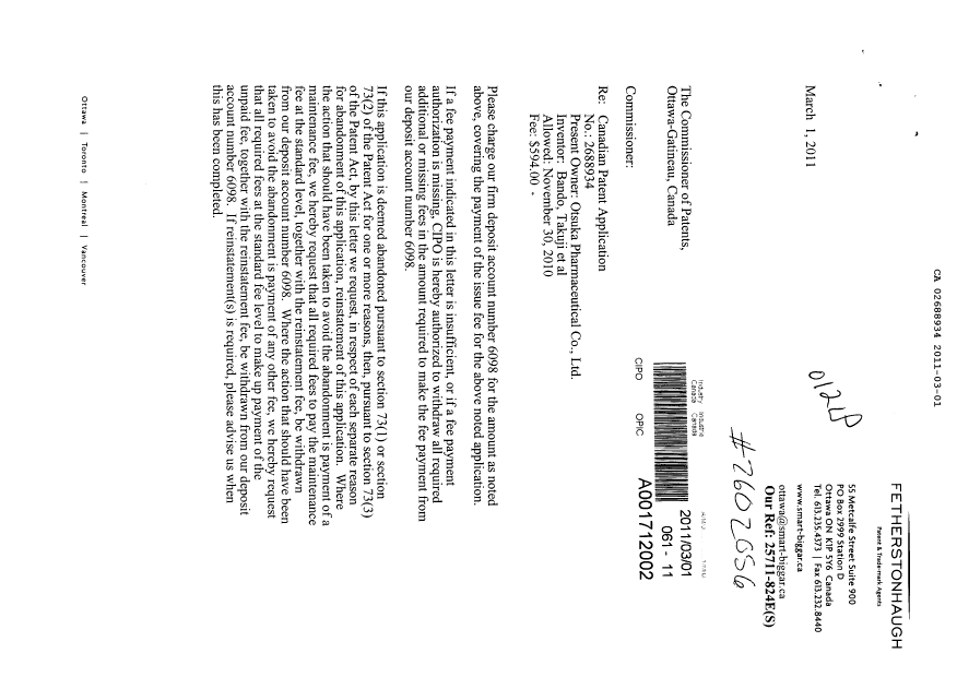 Canadian Patent Document 2688934. Correspondence 20110301. Image 1 of 2