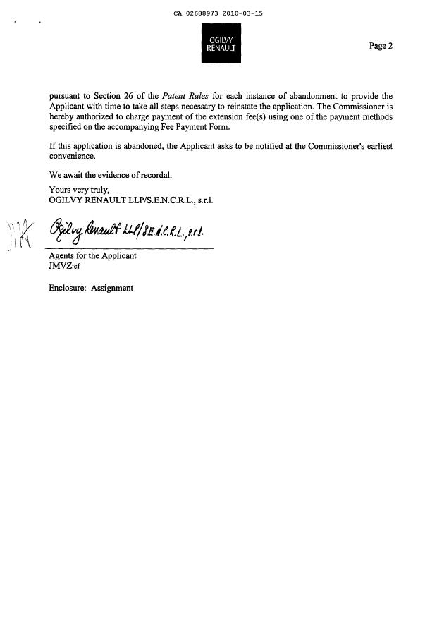 Document de brevet canadien 2688973. Cession 20100315. Image 2 de 4