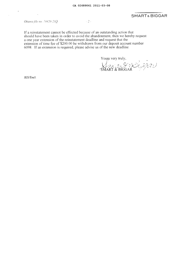 Document de brevet canadien 2689061. Correspondance 20110308. Image 2 de 2