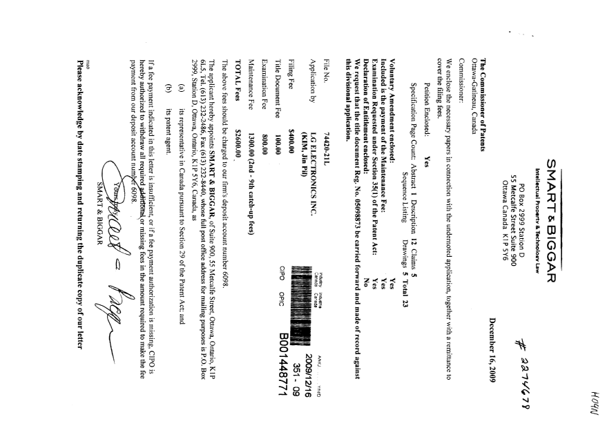 Canadian Patent Document 2689070. Assignment 20091216. Image 1 of 2