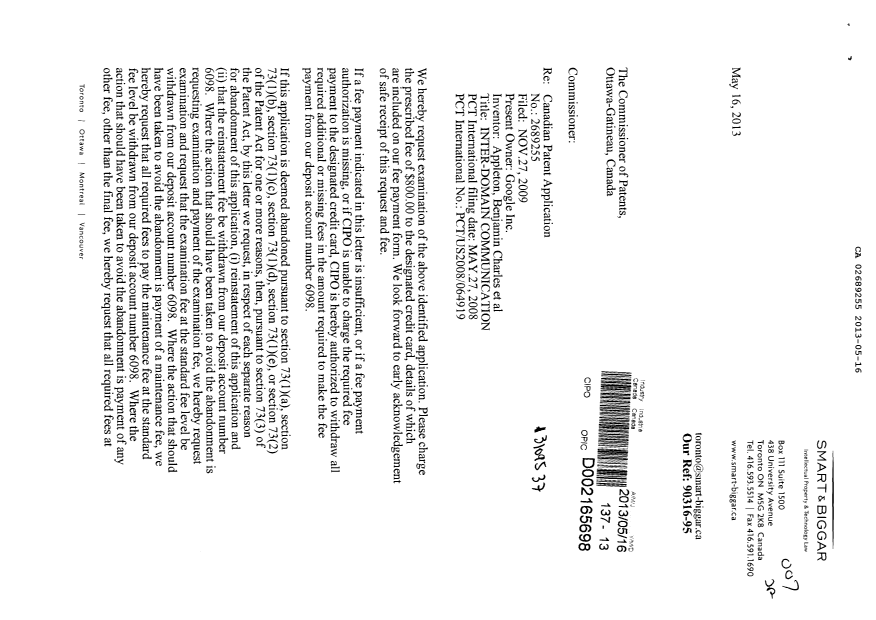 Document de brevet canadien 2689255. Poursuite-Amendment 20130516. Image 1 de 2