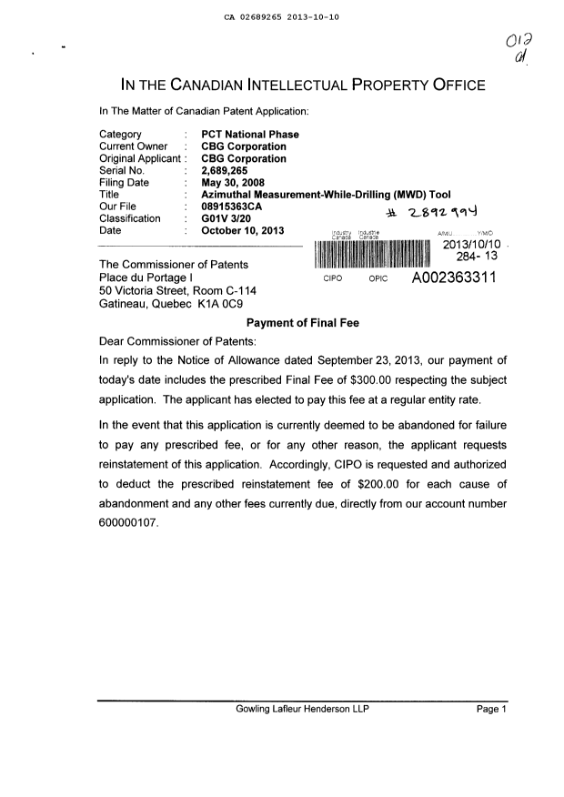 Canadian Patent Document 2689265. Correspondence 20131010. Image 1 of 2
