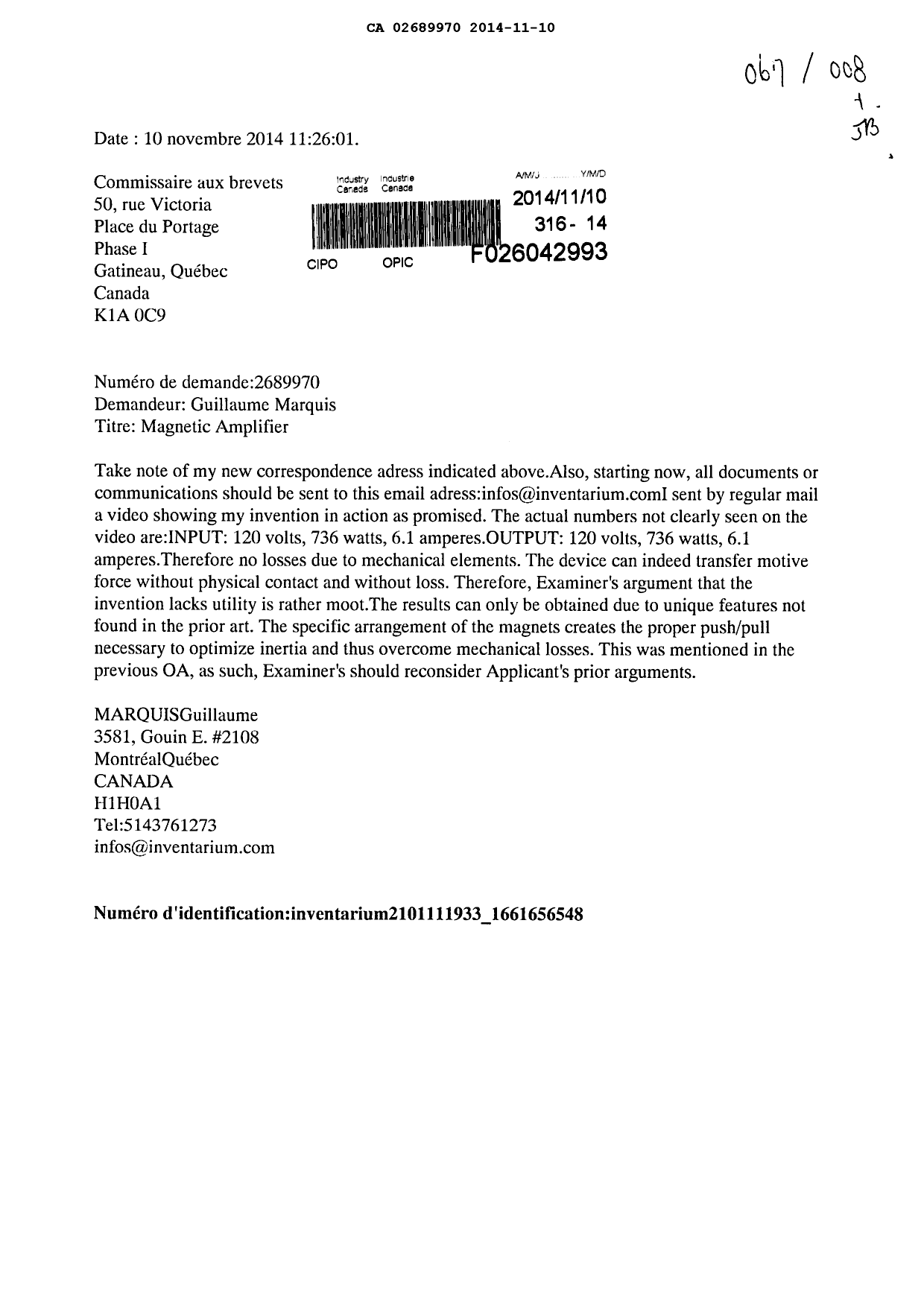 Canadian Patent Document 2689970. Correspondence 20131210. Image 1 of 1