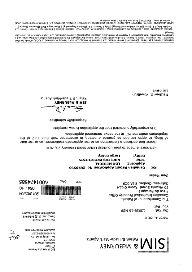 Canadian Patent Document 2690550. Correspondence 20100304. Image 1 of 2