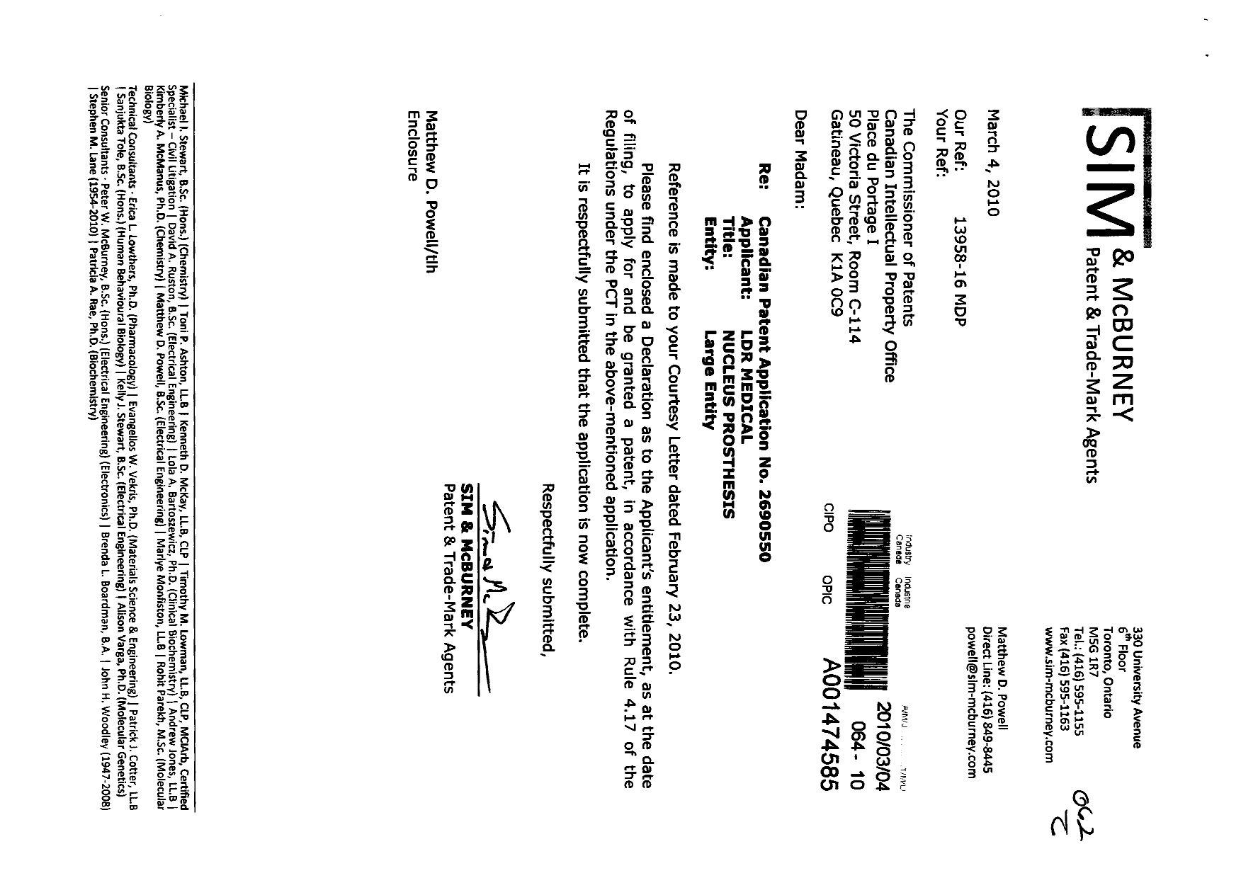 Canadian Patent Document 2690550. Correspondence 20100304. Image 1 of 2