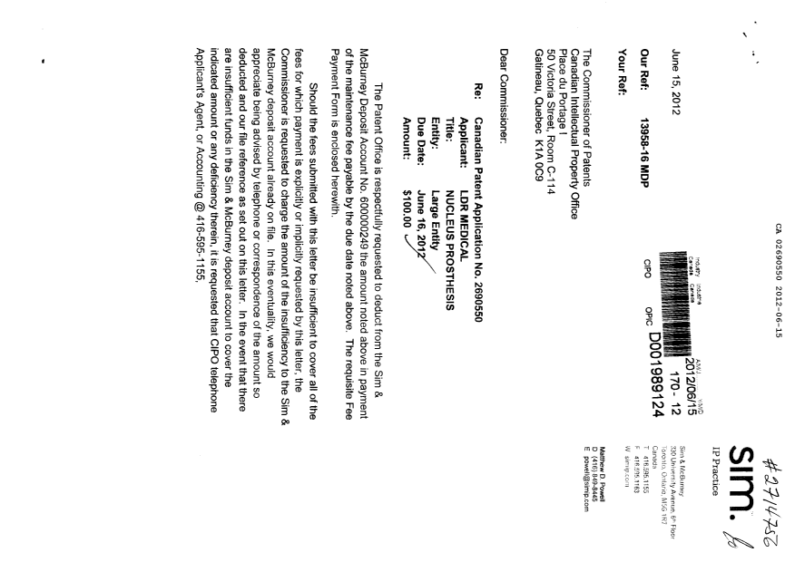 Document de brevet canadien 2690550. Taxes 20120615. Image 1 de 2