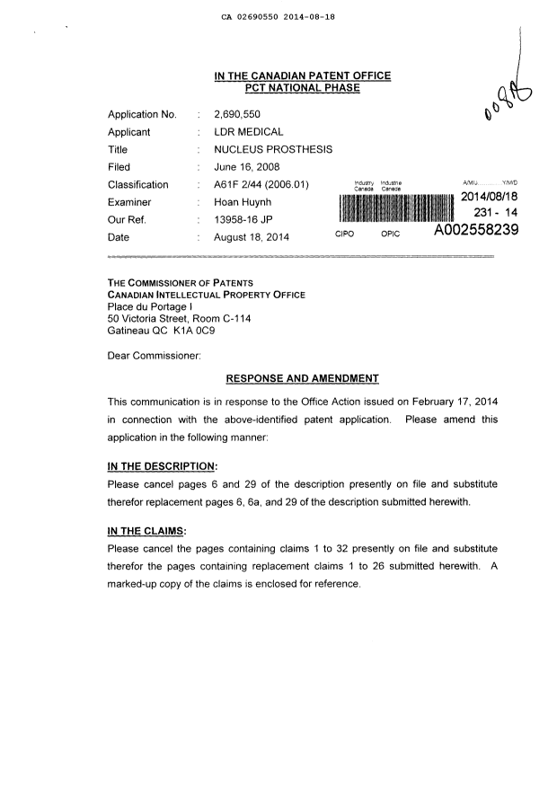 Document de brevet canadien 2690550. Poursuite-Amendment 20131218. Image 1 de 17