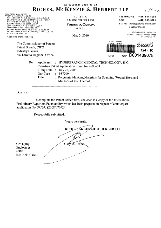 Canadian Patent Document 2690624. Prosecution-Amendment 20100503. Image 1 of 1