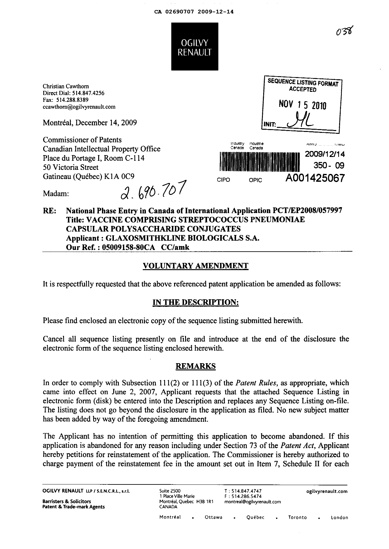 Document de brevet canadien 2690707. Poursuite-Amendment 20091214. Image 1 de 2