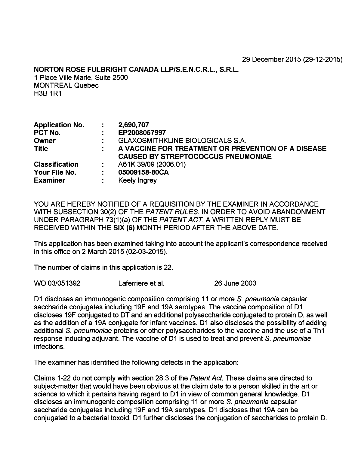 Document de brevet canadien 2690707. Demande d'examen 20151229. Image 1 de 3