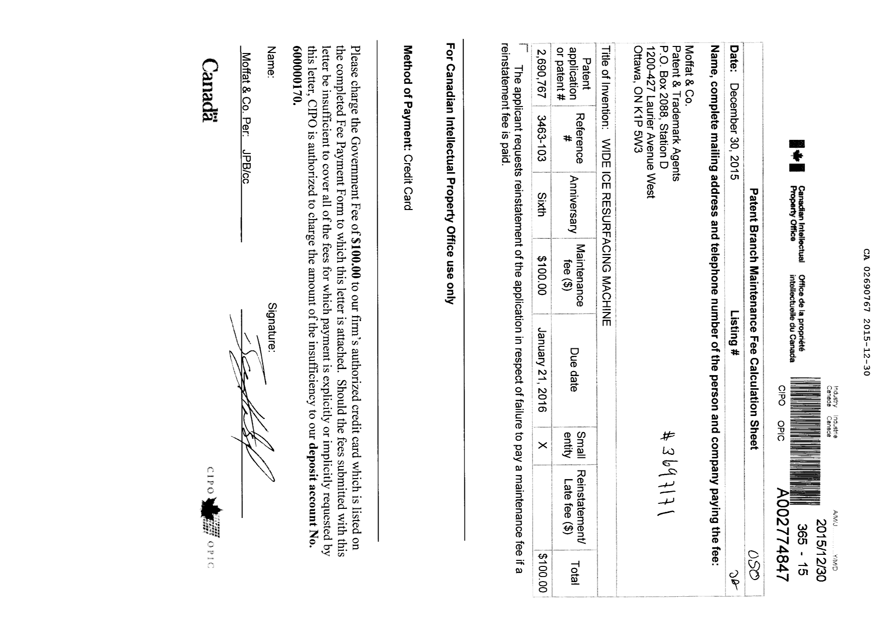 Document de brevet canadien 2690767. Taxes 20141230. Image 1 de 1
