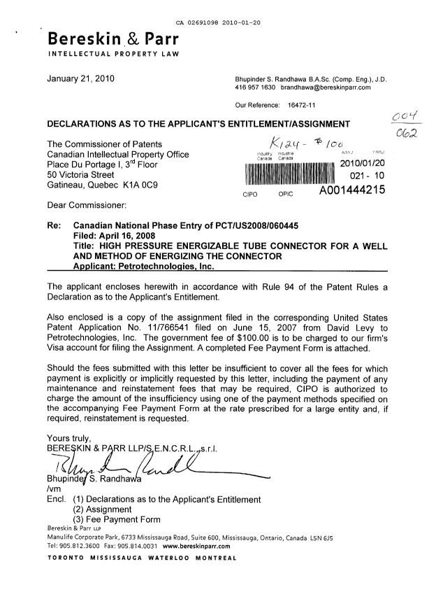 Document de brevet canadien 2691098. Cession 20100120. Image 1 de 7