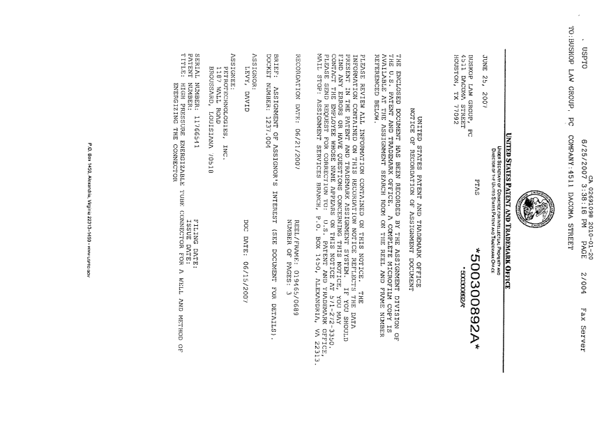 Canadian Patent Document 2691098. Assignment 20100120. Image 2 of 7