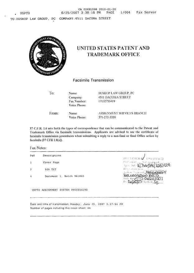 Document de brevet canadien 2691098. Cession 20100120. Image 7 de 7