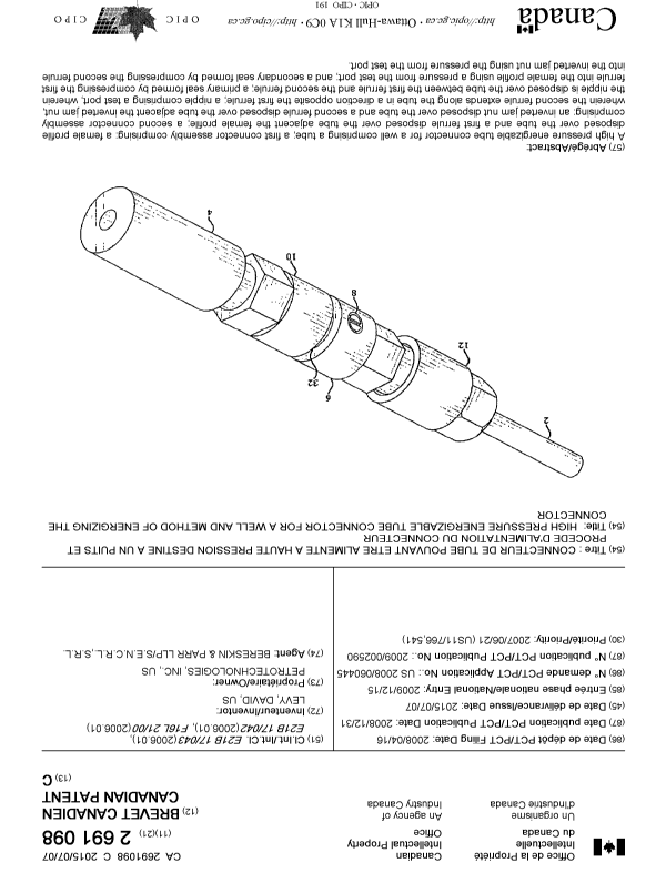 Canadian Patent Document 2691098. Cover Page 20150622. Image 1 of 1