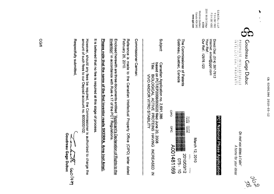 Document de brevet canadien 2691386. Correspondance 20100312. Image 1 de 4