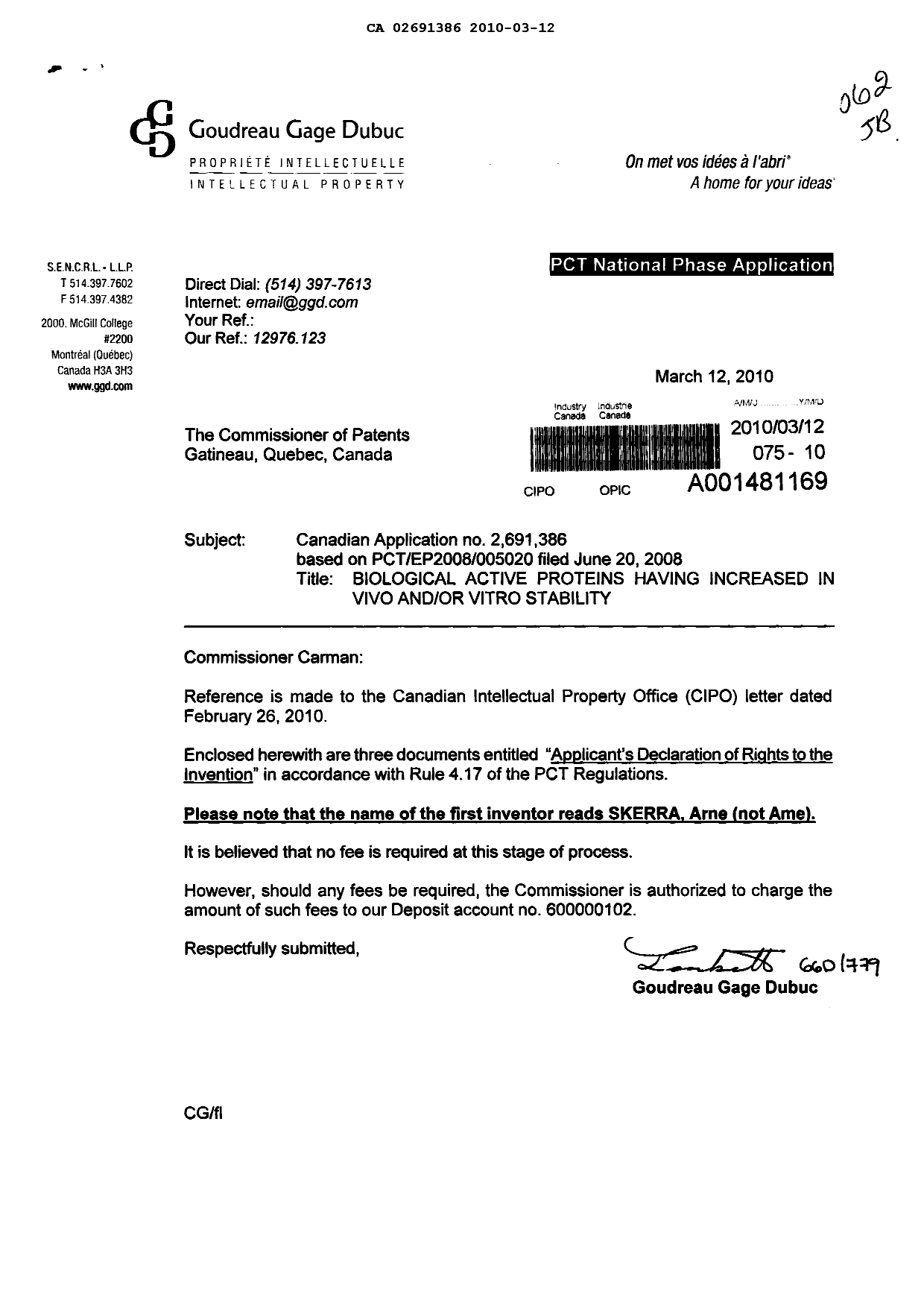 Document de brevet canadien 2691386. Correspondance 20100312. Image 1 de 4