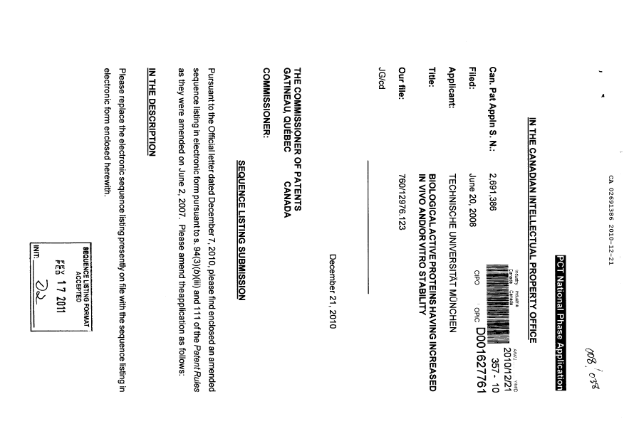 Canadian Patent Document 2691386. Prosecution-Amendment 20101221. Image 1 of 2