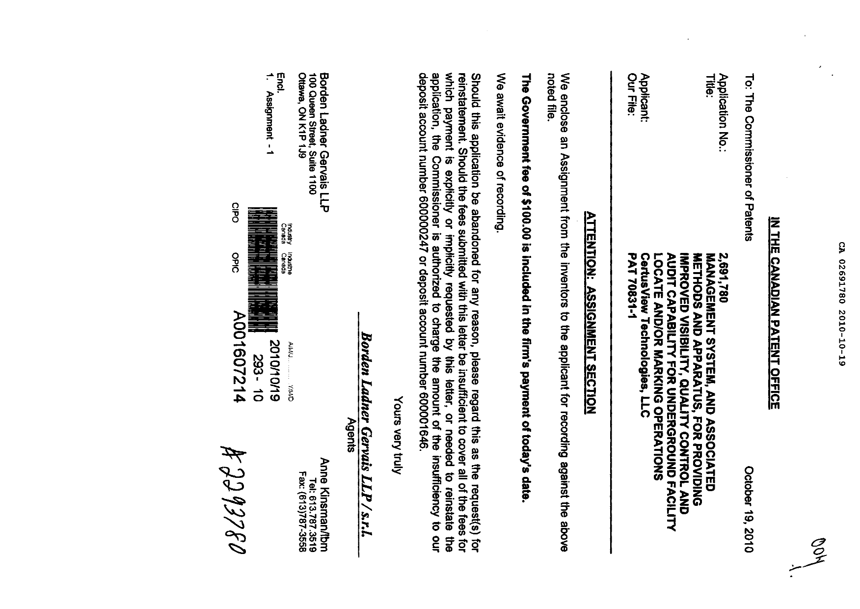 Canadian Patent Document 2691780. Assignment 20101019. Image 1 of 5