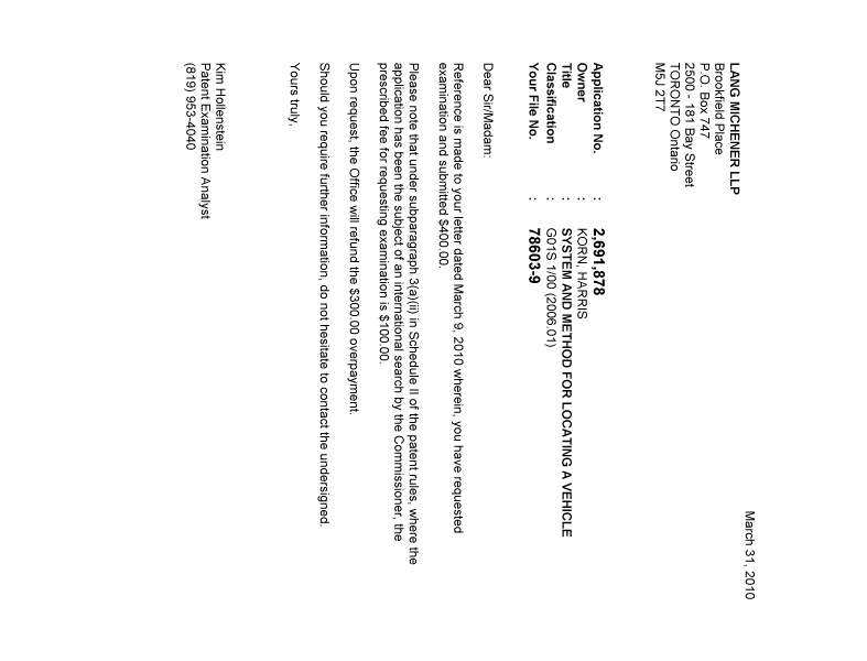 Document de brevet canadien 2691878. Correspondance 20100331. Image 1 de 1