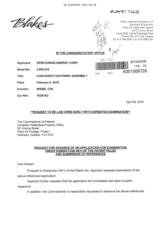 Canadian Patent Document 2692016. Correspondence 20100428. Image 1 of 3