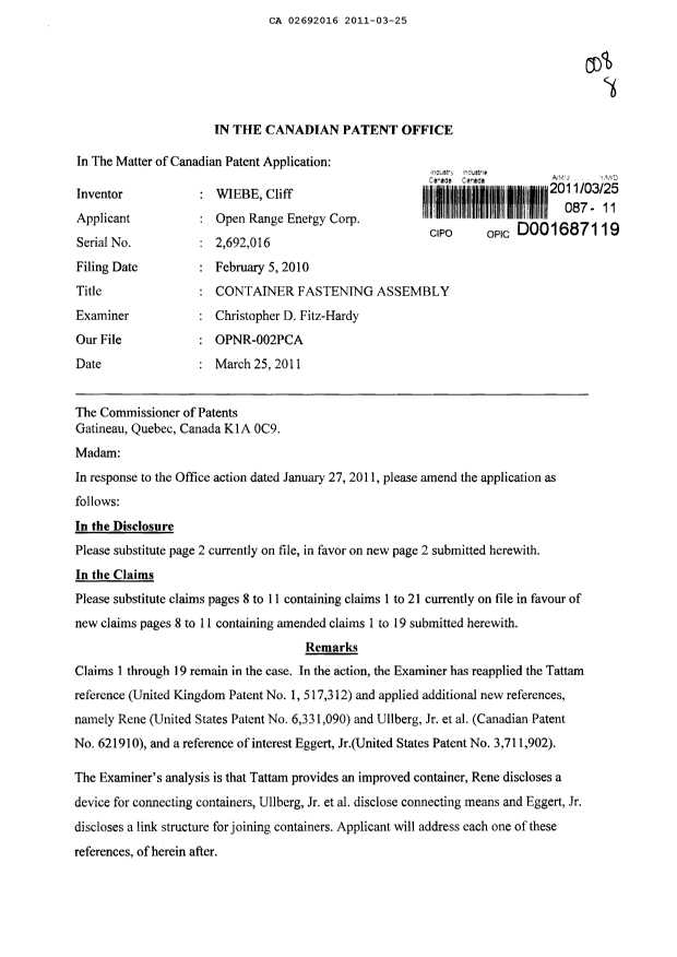 Canadian Patent Document 2692016. Prosecution-Amendment 20110325. Image 1 of 12