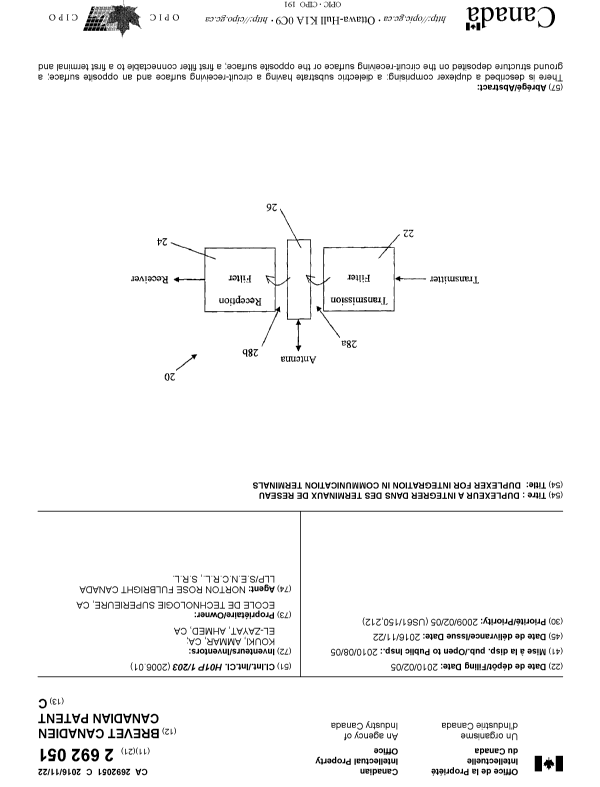 Document de brevet canadien 2692051. Page couverture 20161109. Image 1 de 2