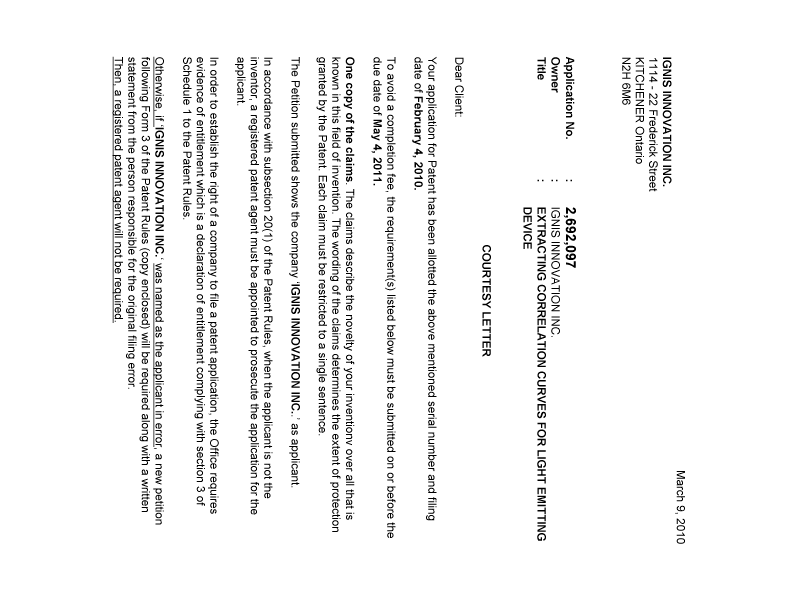 Document de brevet canadien 2692097. Correspondance 20100305. Image 1 de 2