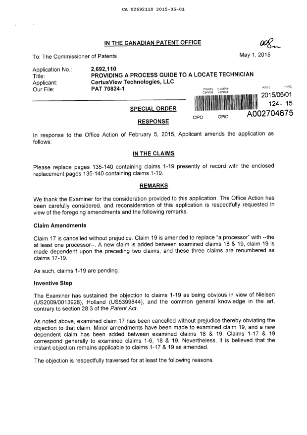 Document de brevet canadien 2692110. Poursuite-Amendment 20150501. Image 1 de 19