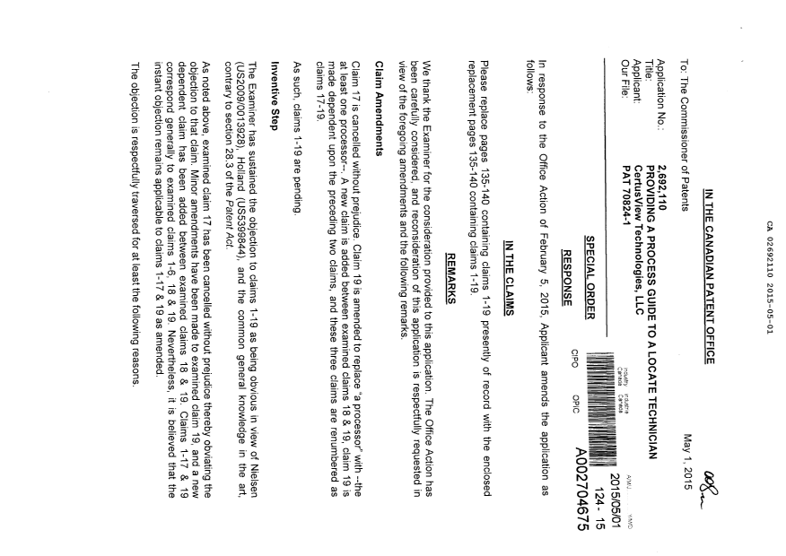 Canadian Patent Document 2692110. Prosecution-Amendment 20150501. Image 1 of 19