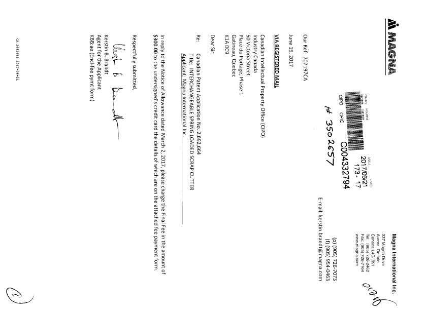 Document de brevet canadien 2692664. Taxe finale 20170621. Image 1 de 1