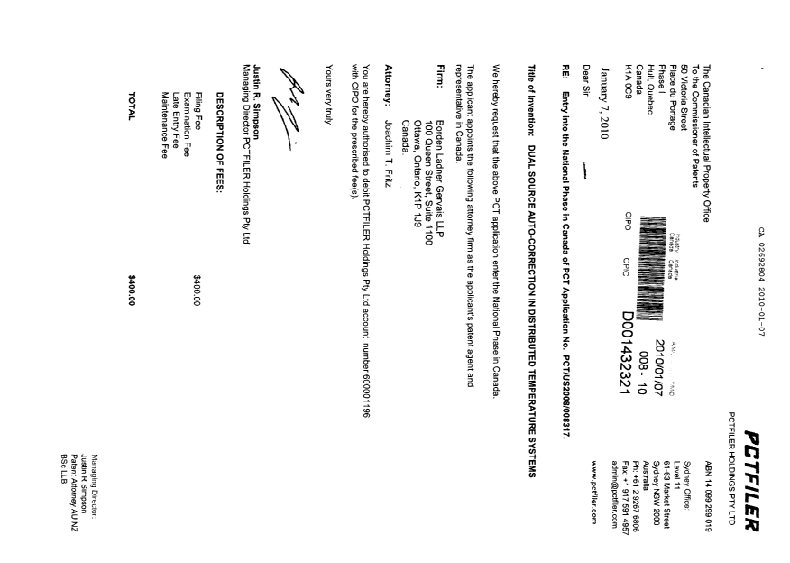 Document de brevet canadien 2692804. Cession 20100107. Image 1 de 2