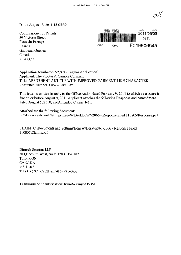 Canadian Patent Document 2692891. Prosecution-Amendment 20110805. Image 1 of 7