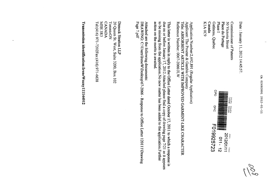 Document de brevet canadien 2692891. Poursuite-Amendment 20120111. Image 1 de 2