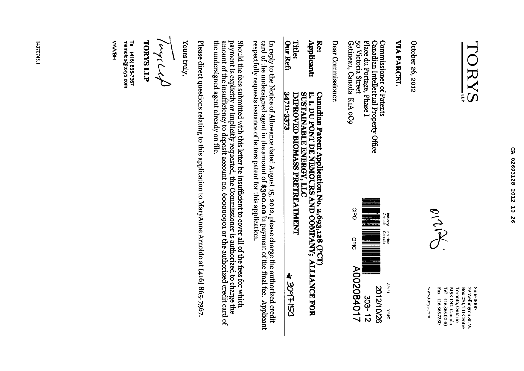 Document de brevet canadien 2693128. Correspondance 20121026. Image 1 de 1