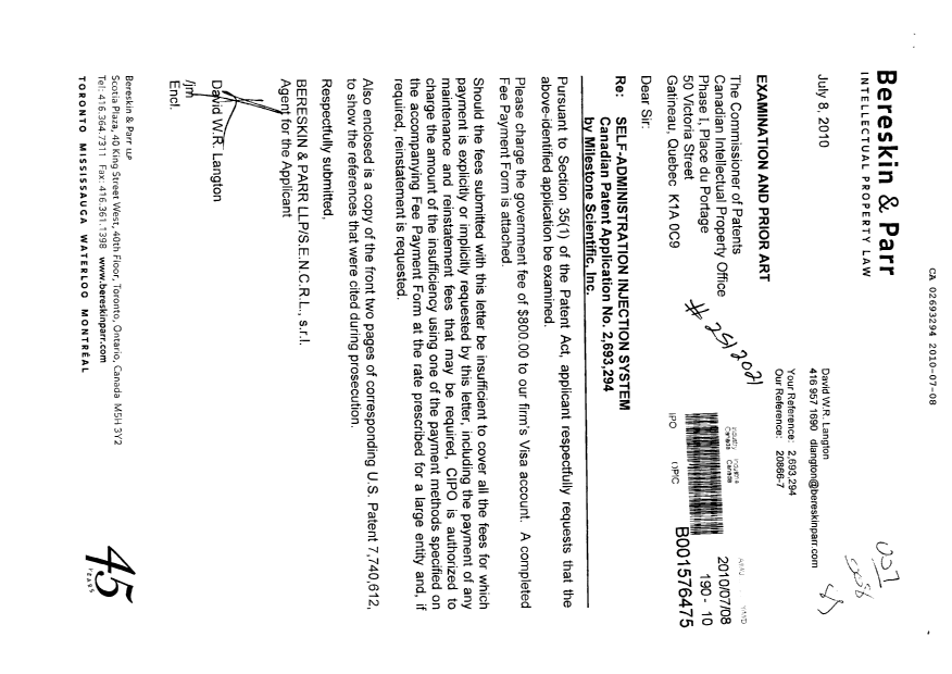 Document de brevet canadien 2693294. Poursuite-Amendment 20100708. Image 1 de 1