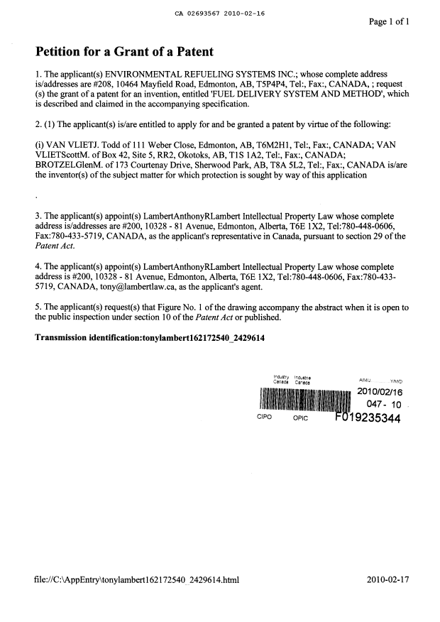 Canadian Patent Document 2693567. Assignment 20091216. Image 3 of 3