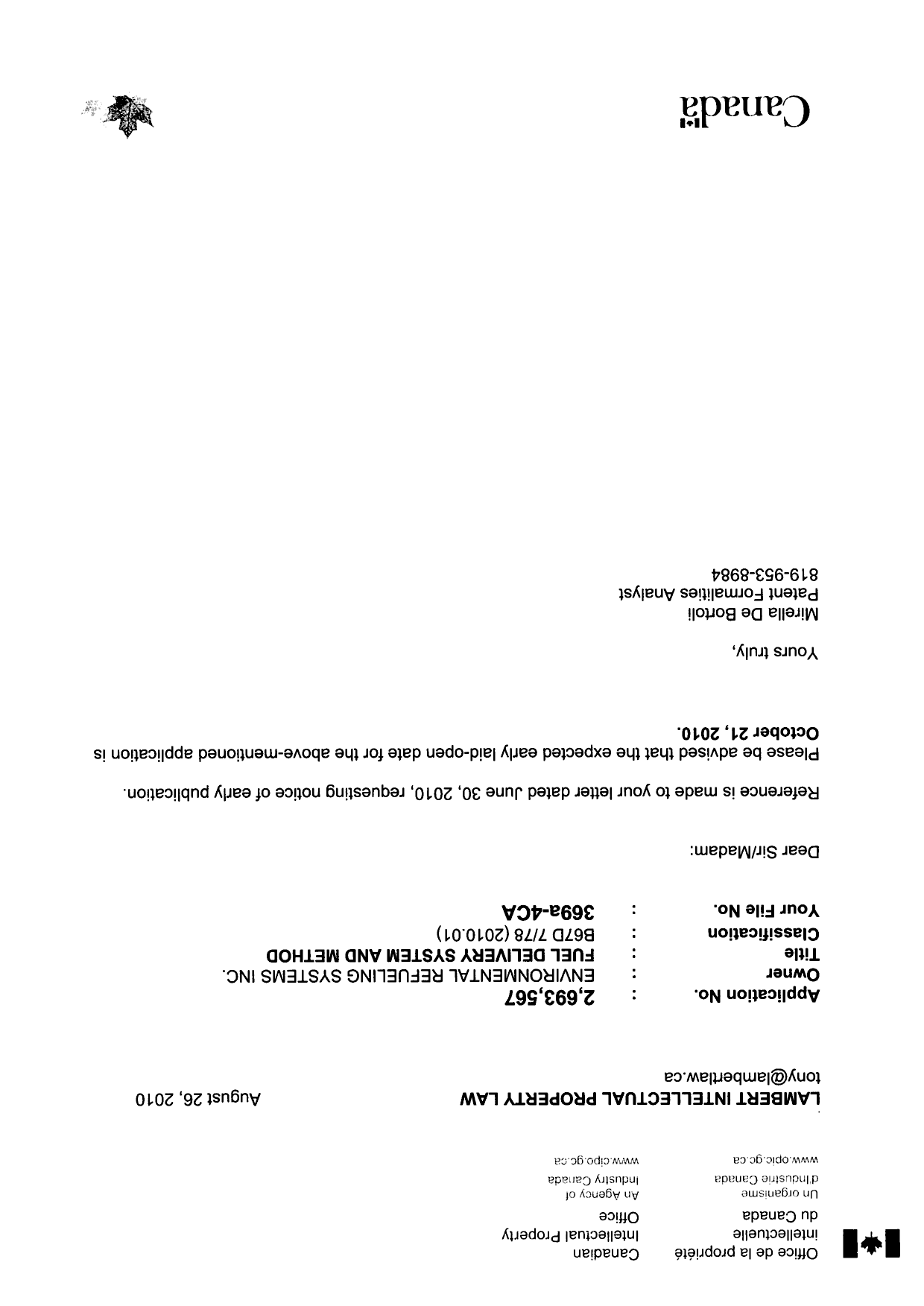 Document de brevet canadien 2693567. Correspondance 20091226. Image 1 de 1