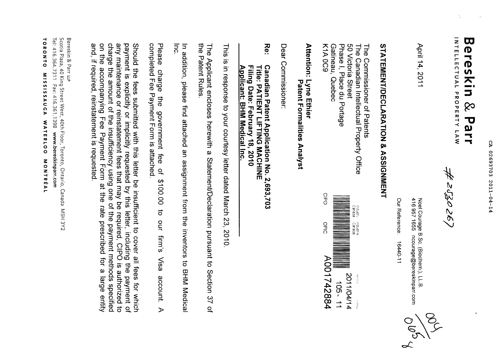 Canadian Patent Document 2693703. Assignment 20110414. Image 1 of 4