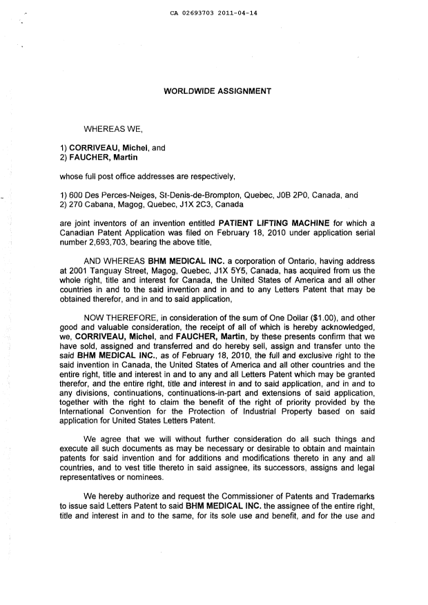 Canadian Patent Document 2693703. Assignment 20110414. Image 3 of 4