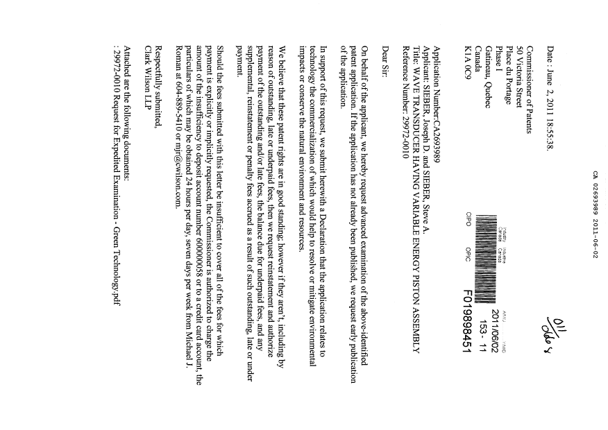 Document de brevet canadien 2693989. Correspondance 20101202. Image 1 de 3