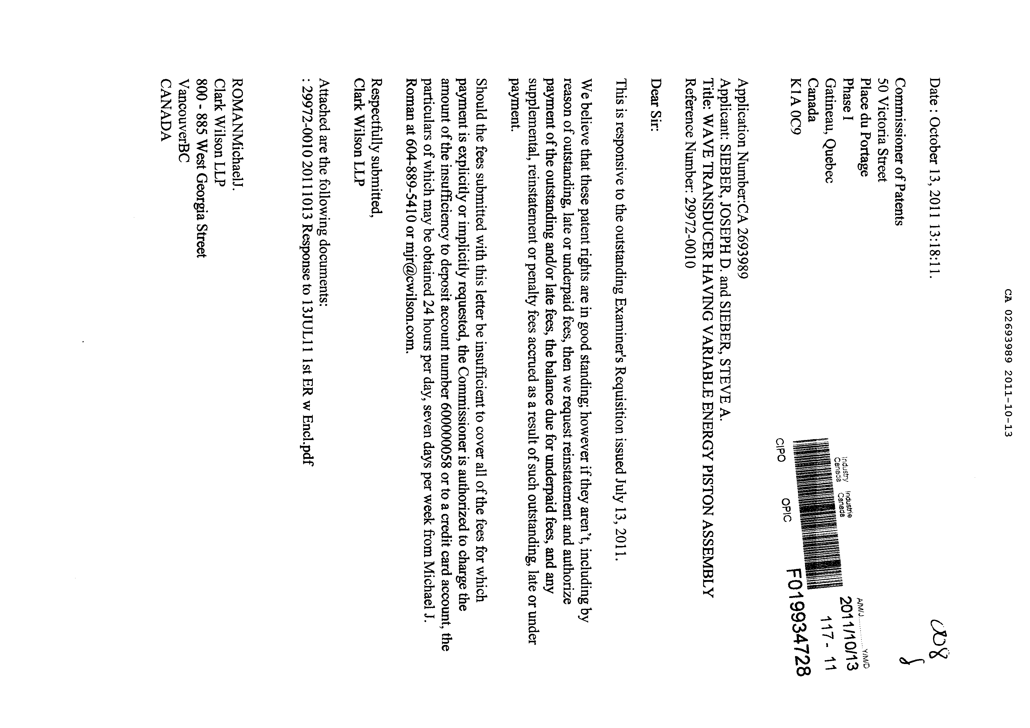 Canadian Patent Document 2693989. Prosecution-Amendment 20101213. Image 1 of 29