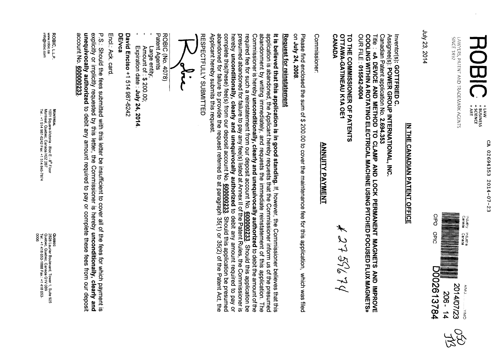 Document de brevet canadien 2694353. Taxes 20140723. Image 1 de 1