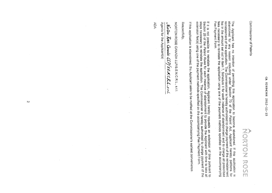 Canadian Patent Document 2694366. Prosecution-Amendment 20121115. Image 2 of 9