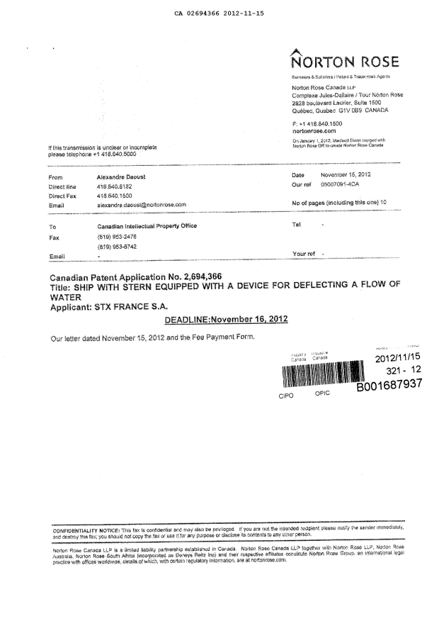 Document de brevet canadien 2694366. Poursuite-Amendment 20121115. Image 9 de 9
