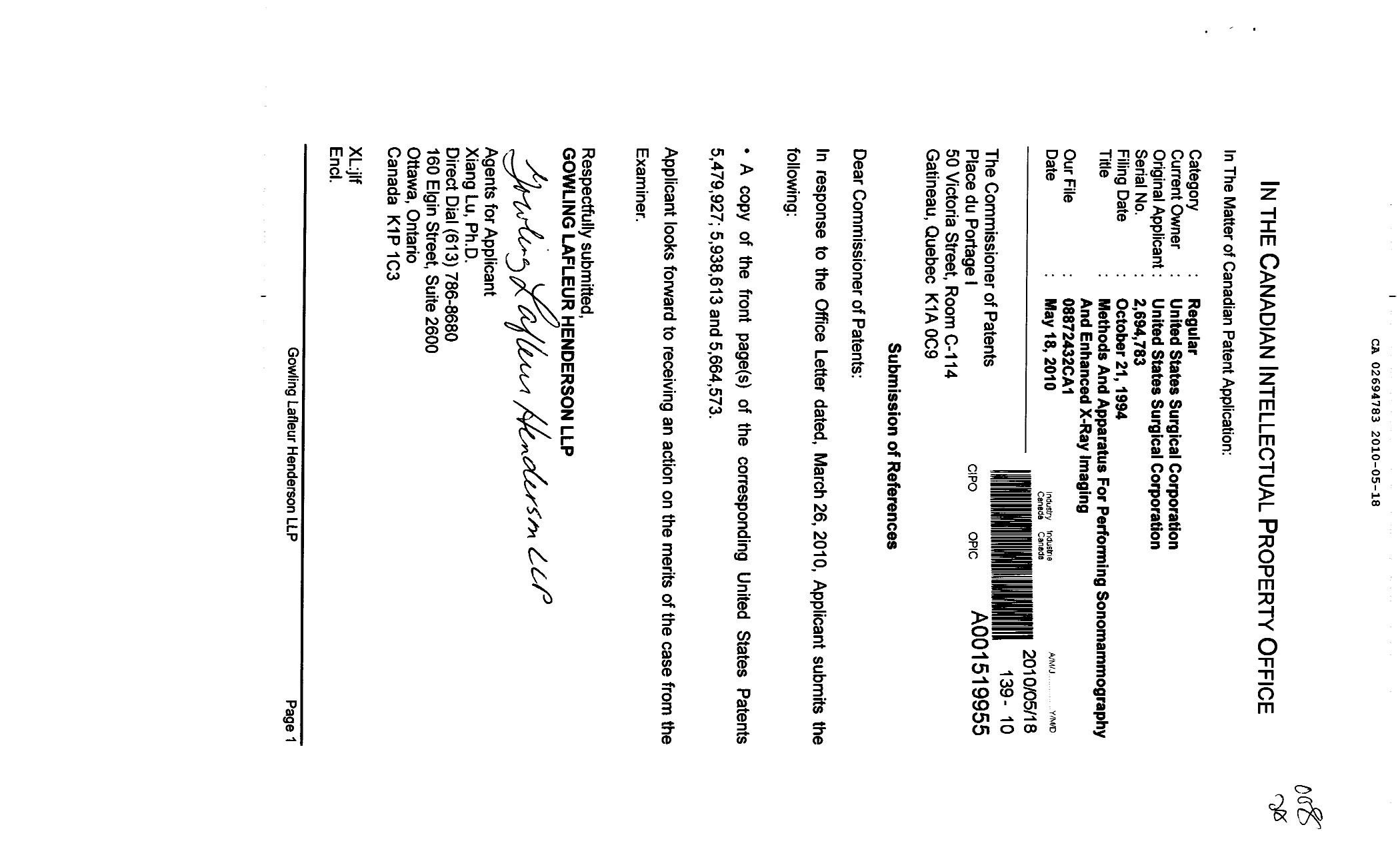 Canadian Patent Document 2694783. Prosecution-Amendment 20100518. Image 1 of 1