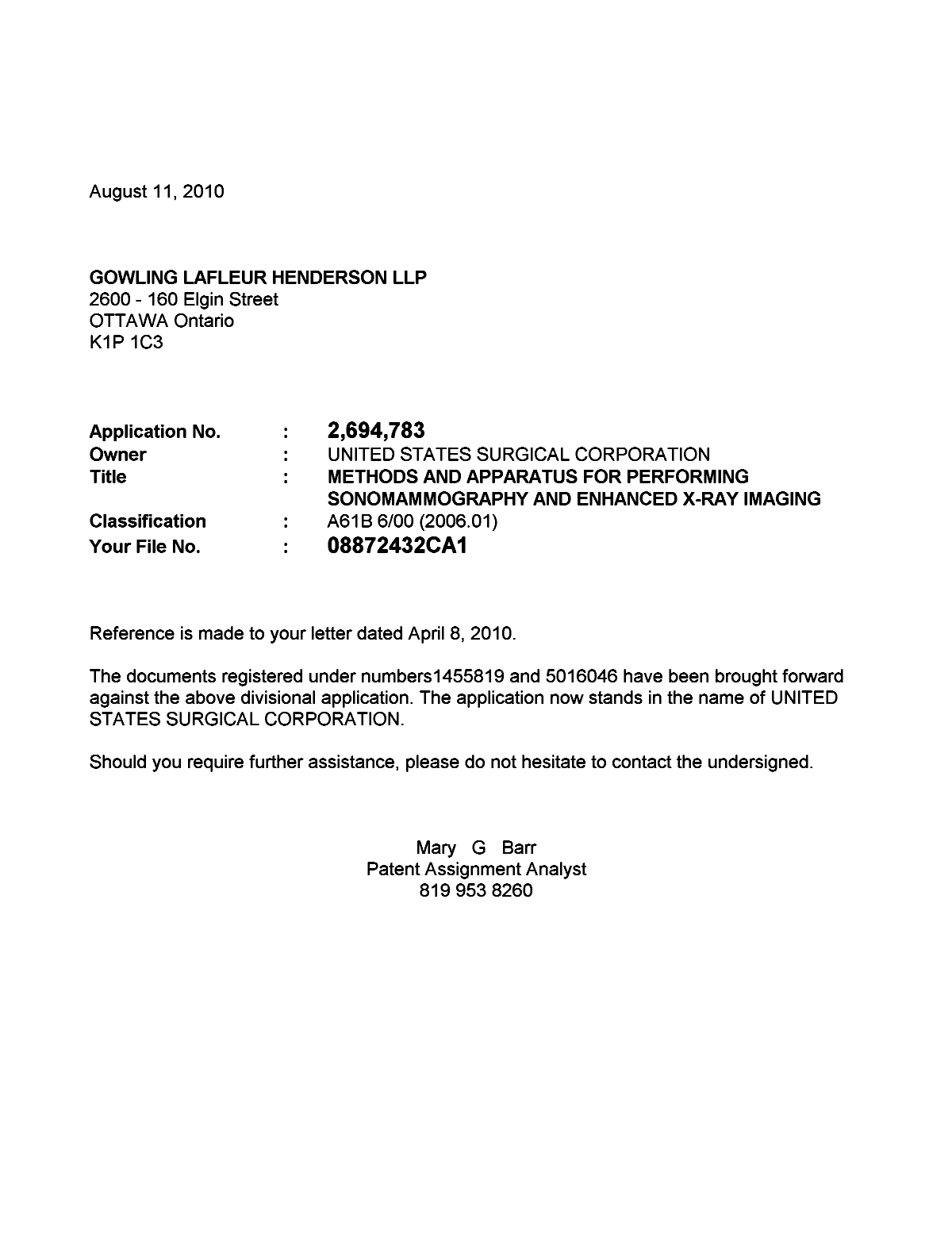 Document de brevet canadien 2694783. Correspondance 20100811. Image 1 de 1