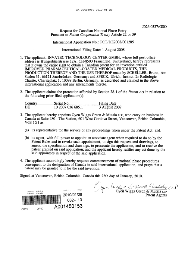Document de brevet canadien 2695089. Cession 20100128. Image 2 de 4