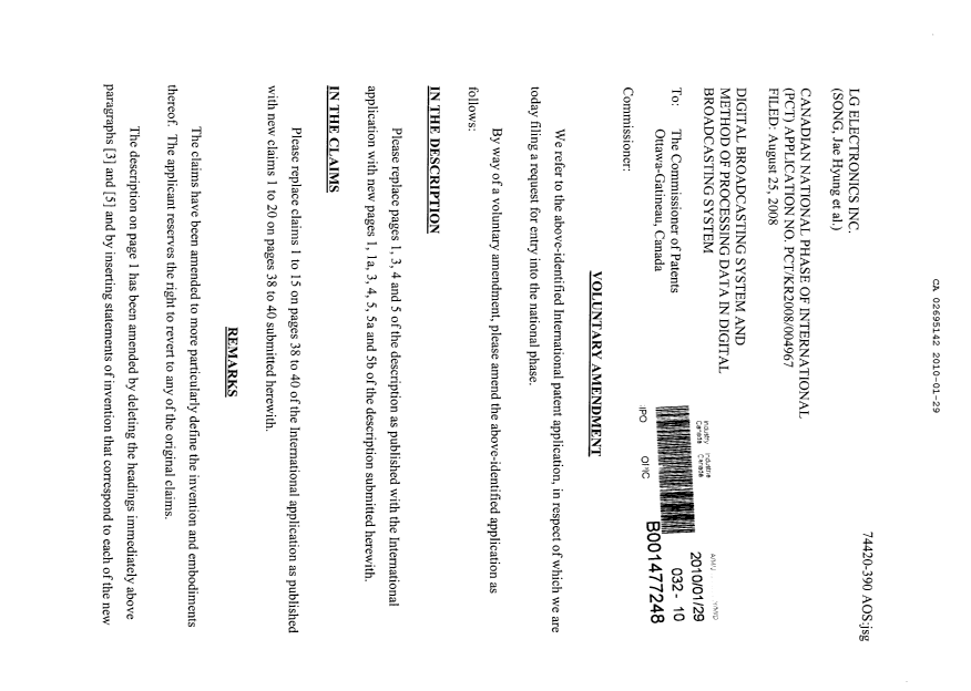 Document de brevet canadien 2695142. Poursuite-Amendment 20100129. Image 1 de 12