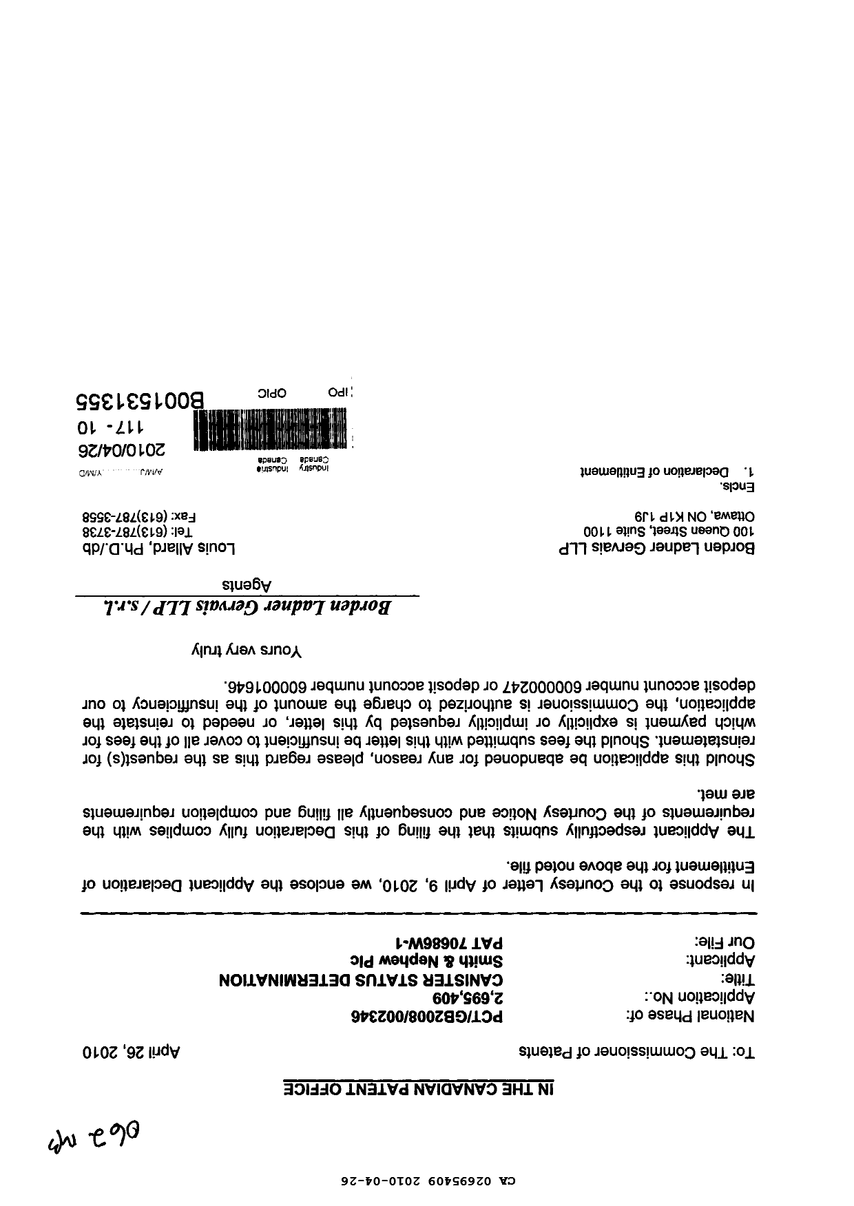 Canadian Patent Document 2695409. Correspondence 20091226. Image 1 of 2